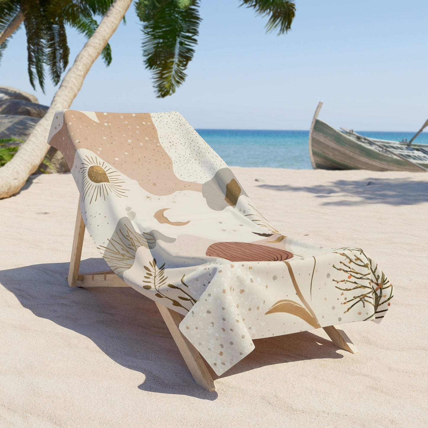 Boho Abstract Coastal Beach Towel – Neutral Sun & Moon Pattern