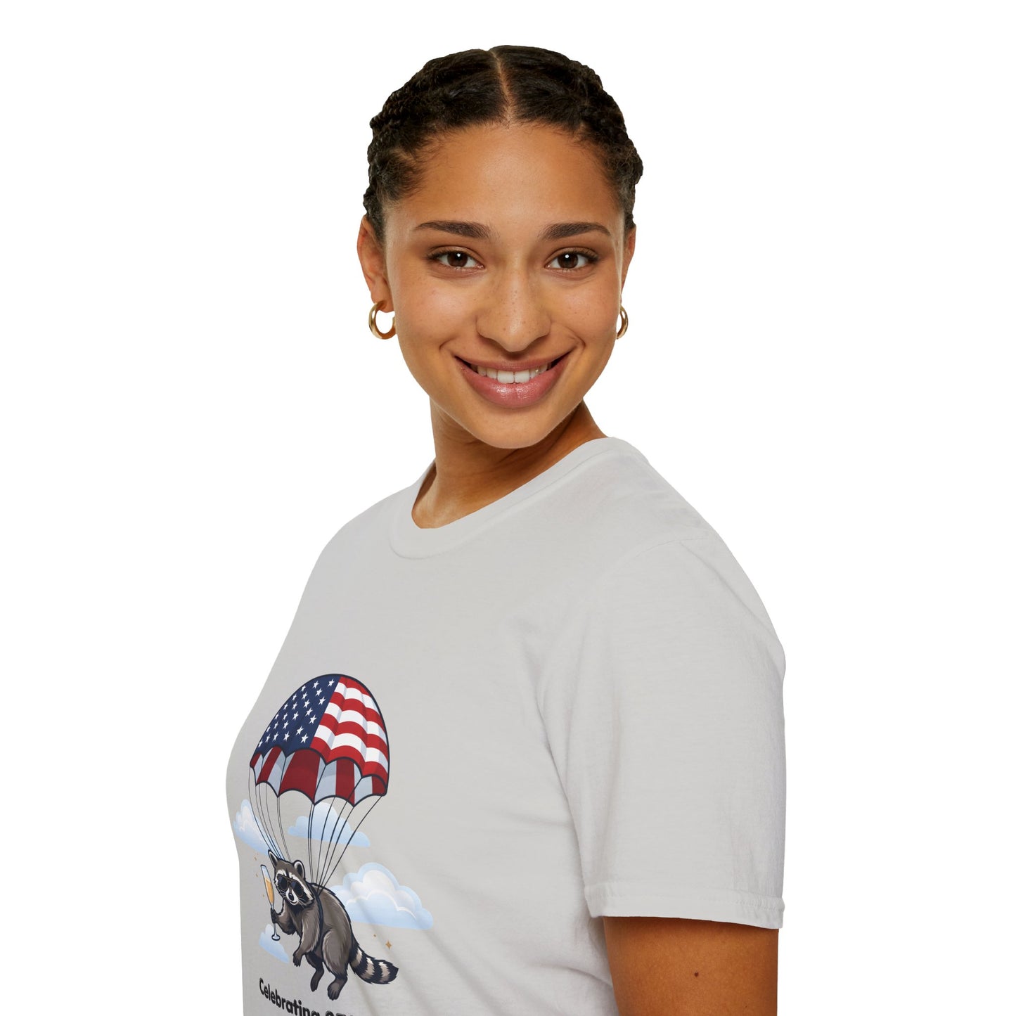 Patriotic Parachuting Raccoon T-Shirt — "Celebrating 250 Years"