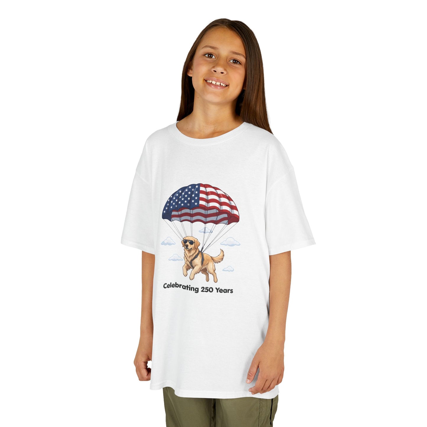 Kids Tee — Dog with Parachute, "Celebrating 250 Years" (Patriotic Fourth of July)