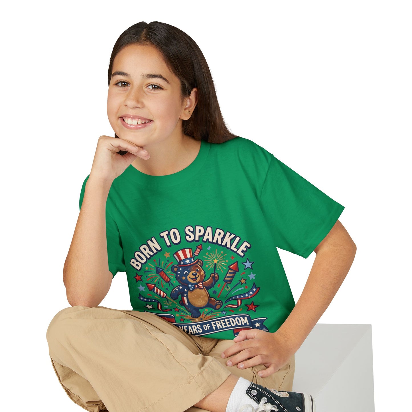 Patriotic Youth T-Shirt — "Born to Sparkle: 250 Years of Freedom" Patriotic Bear Tee
