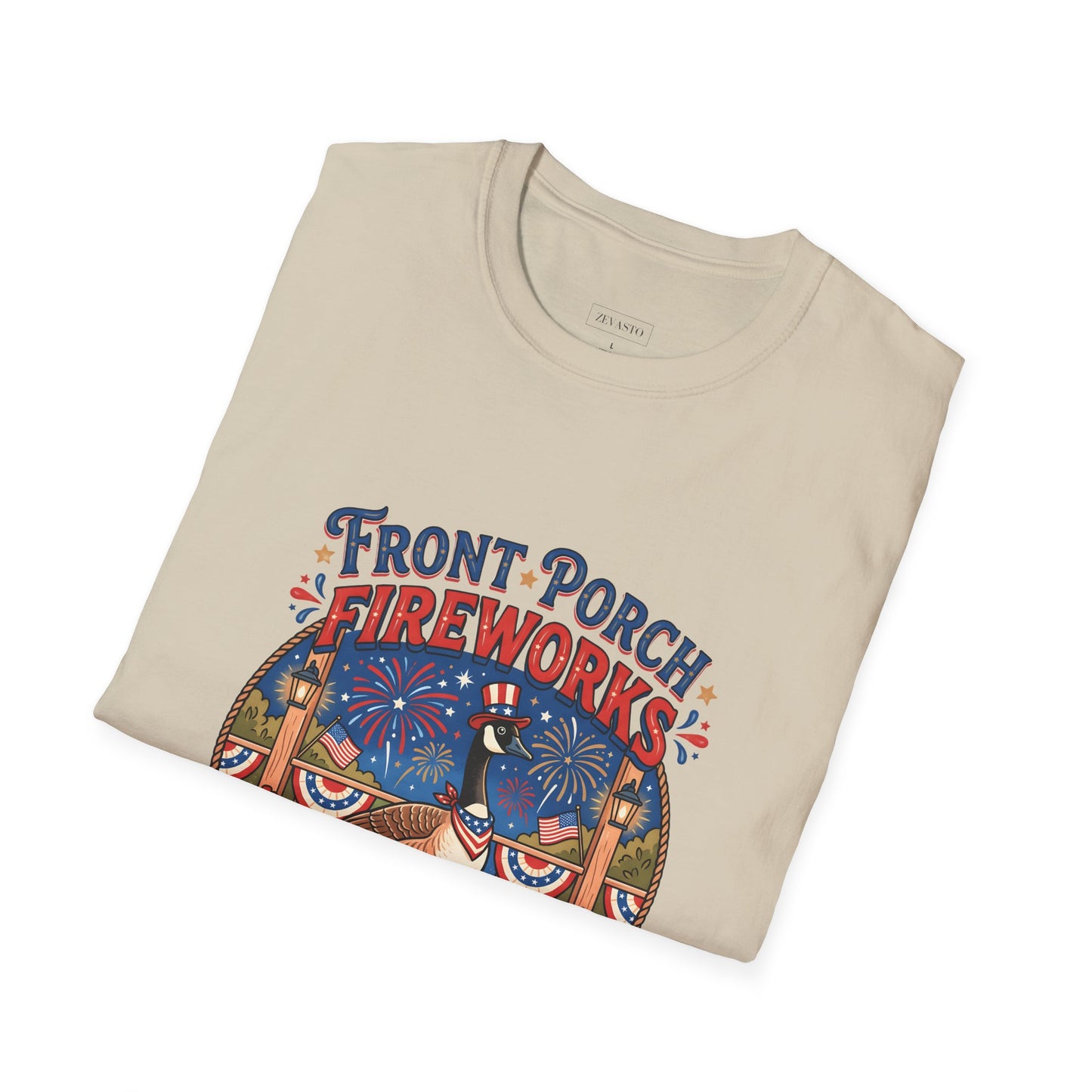 Front Porch Fireworks, Goose T-Shirt — Patriotic 4th of July Celebration Tee