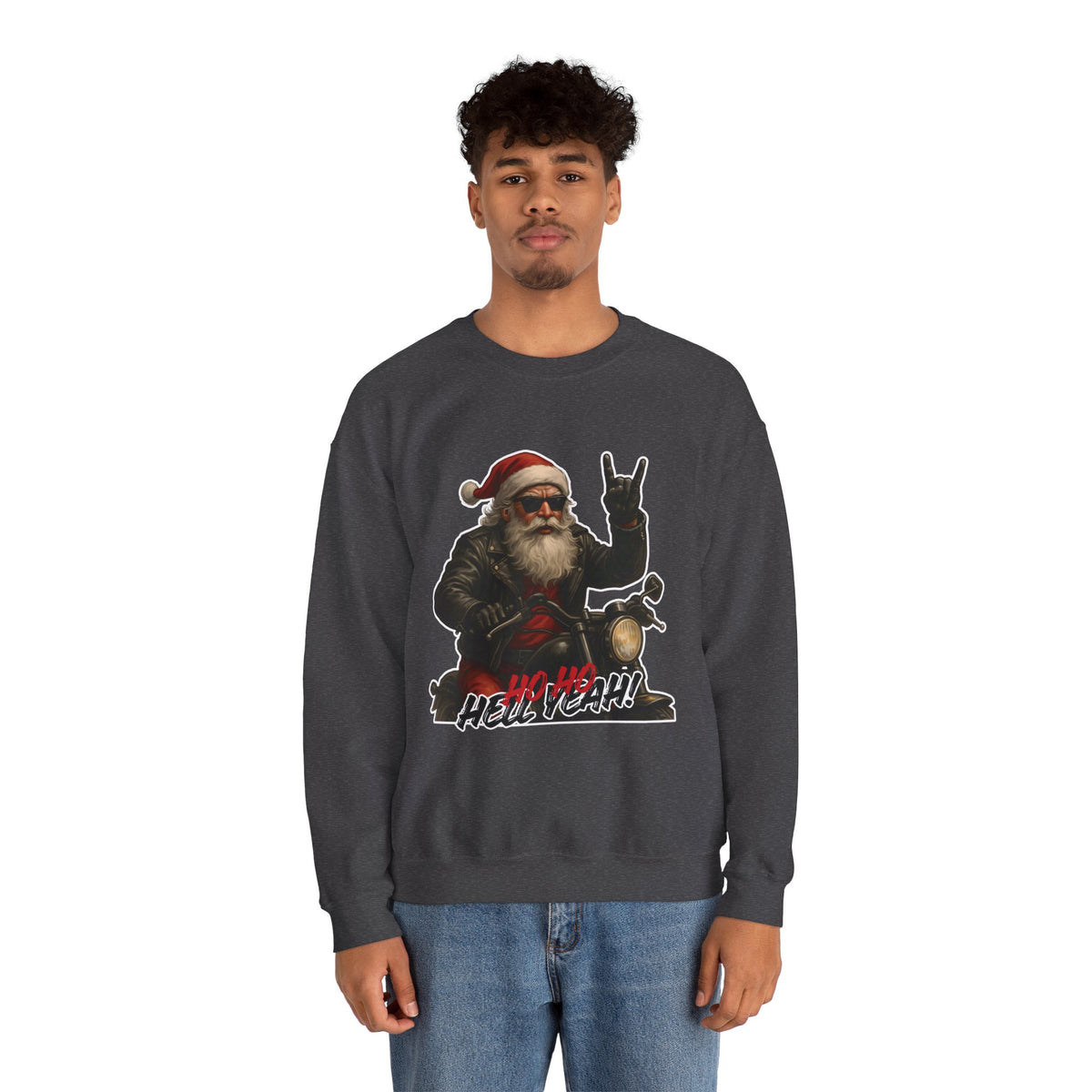 Santa Biker Crewneck Sweatshirt – 'Ho Ho Hell Yeah' Christmas Motorcycle Pullover