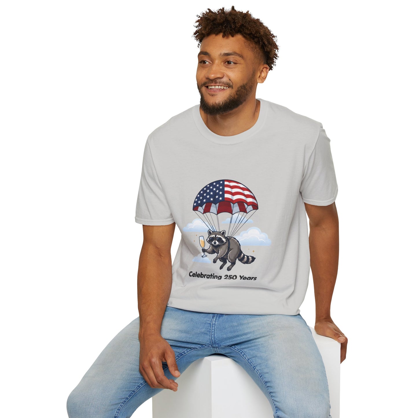 Patriotic Parachuting Raccoon T-Shirt — "Celebrating 250 Years"
