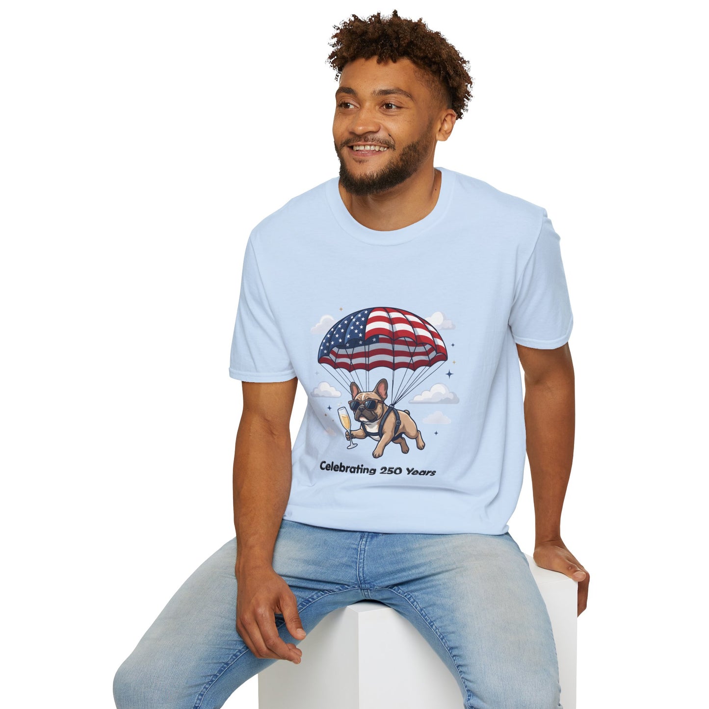 Patriotic French Bulldog T-Shirt — "Celebrating 250 Years" Parachute Design