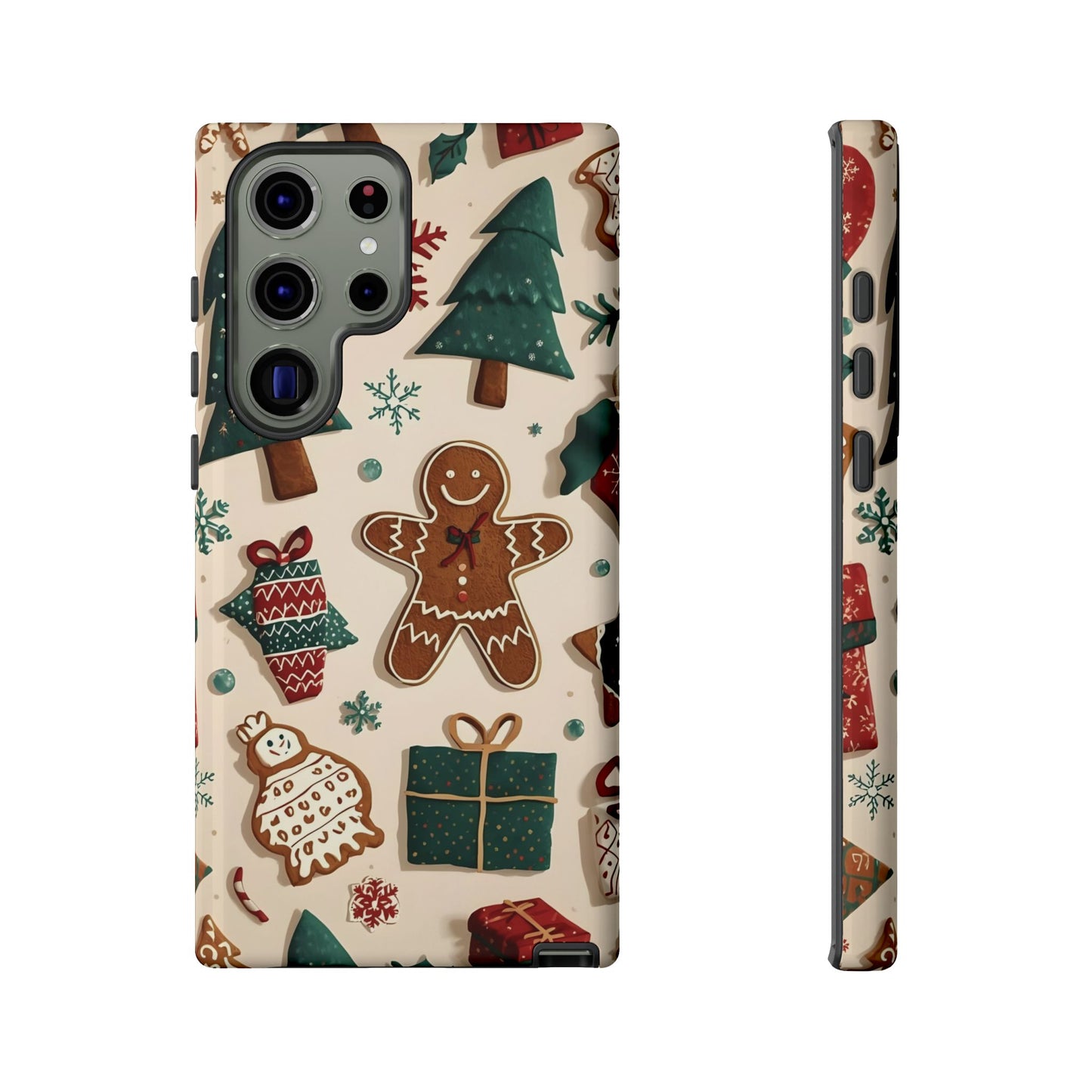 Christmas Phone Case with Gingerbread and Christmas Tree Design, Dual Layer Case for Iphone 17, 16, 15, 14, 13, 12, 11 & Samsung