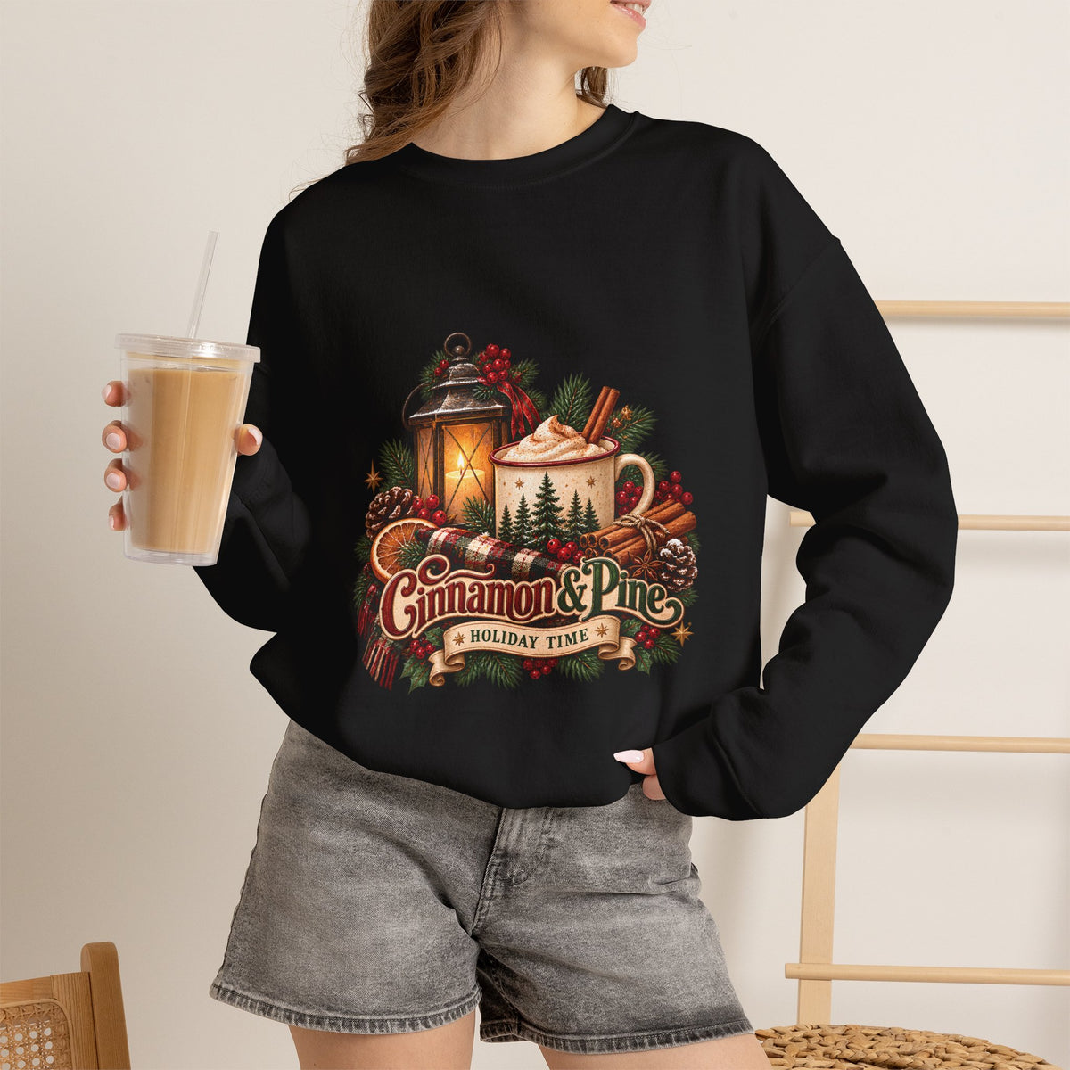 Cinnamon & Pine Crewneck Sweatshirt — Cozy Holiday Lantern Design Sweatshirt