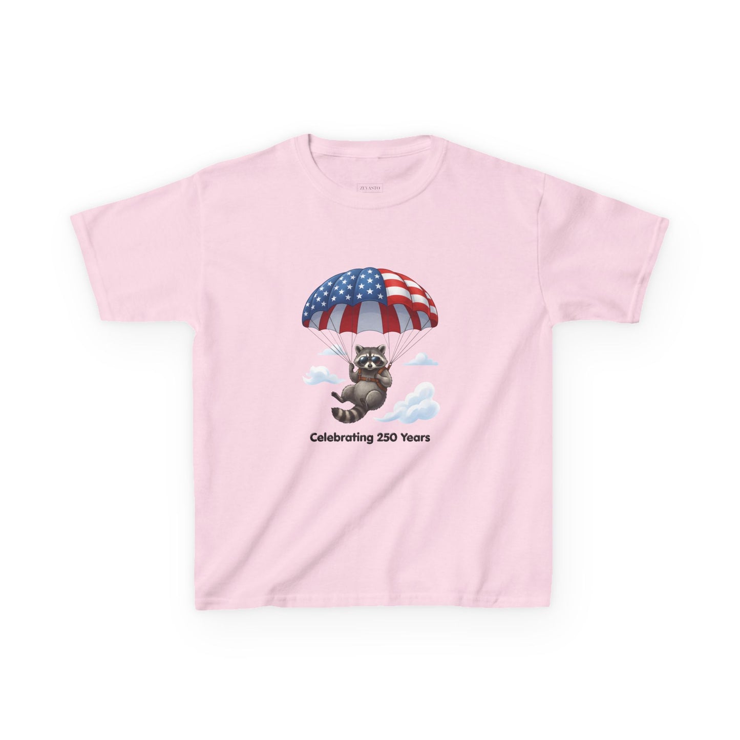 Kids T-Shirt — Patriotic Raccoon Parachute “Celebrating 250 Years”