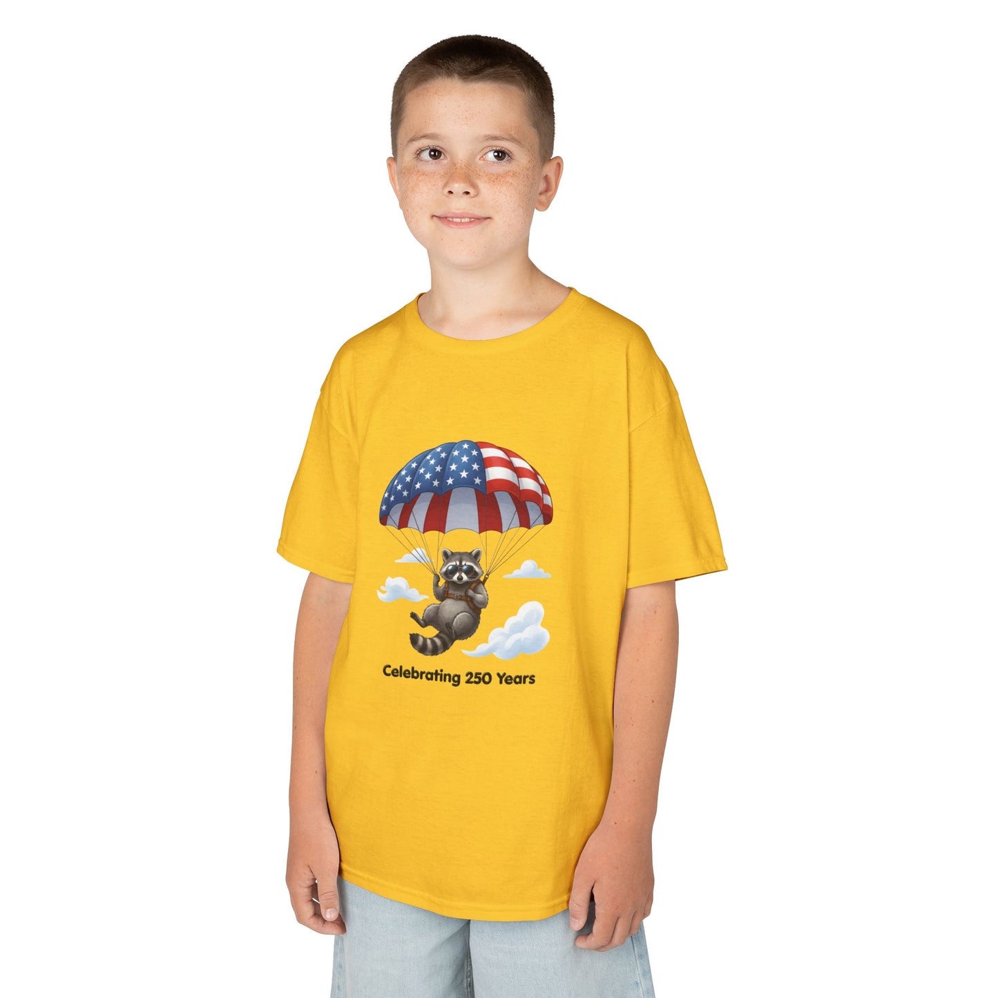 Kids T-Shirt — Patriotic Raccoon Parachute “Celebrating 250 Years”