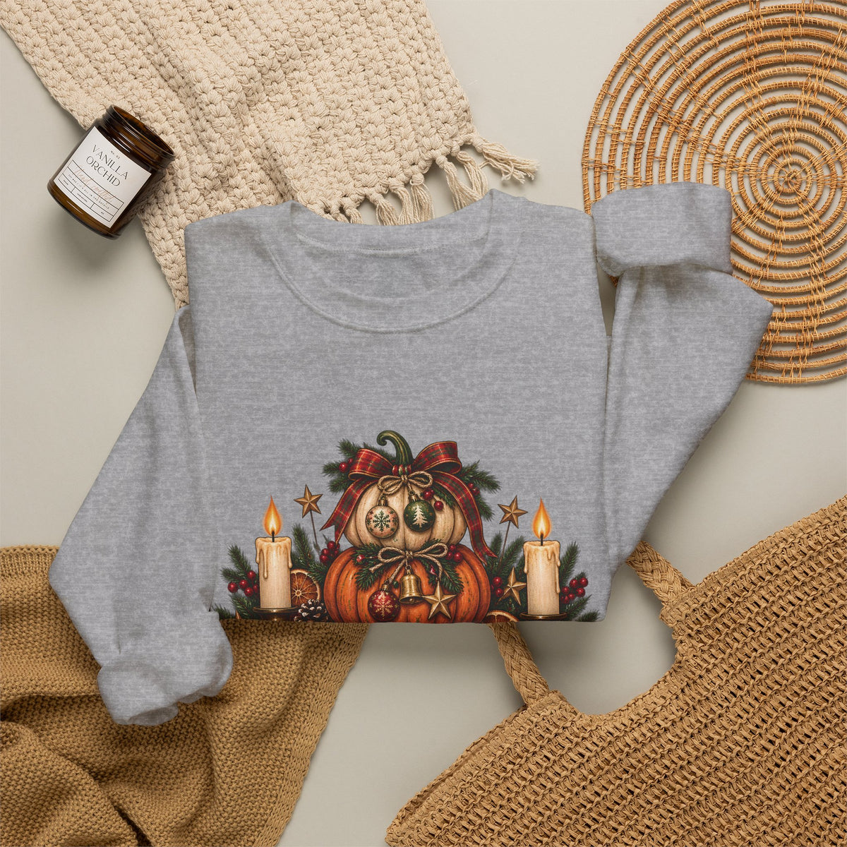 Harvest & Holly Crewneck Sweatshirt — Vintage Pumpkin Fall Graphic Sweatshirt