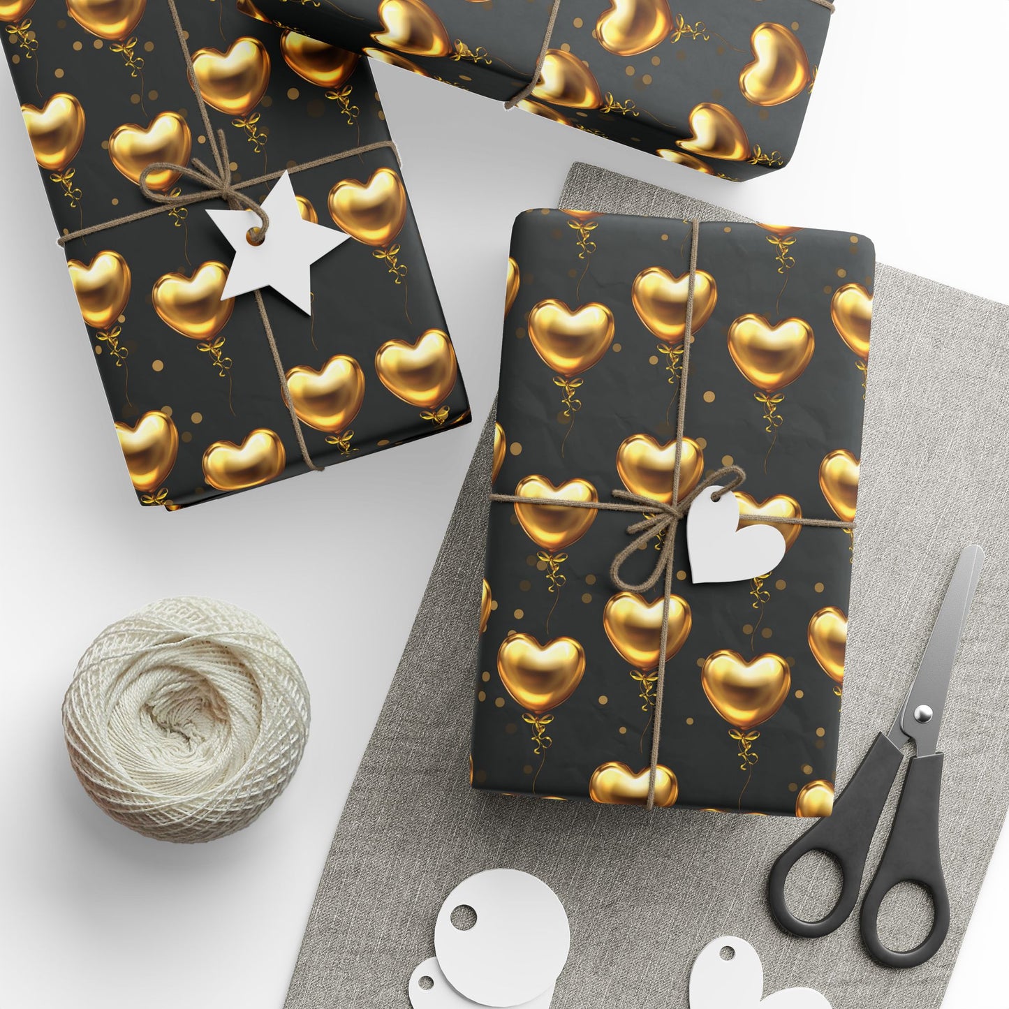 Gold Heart Pattern Wrapping Paper — Black & Metallic Gift Wrap for Valentine’s, Anniversaries, Weddings
