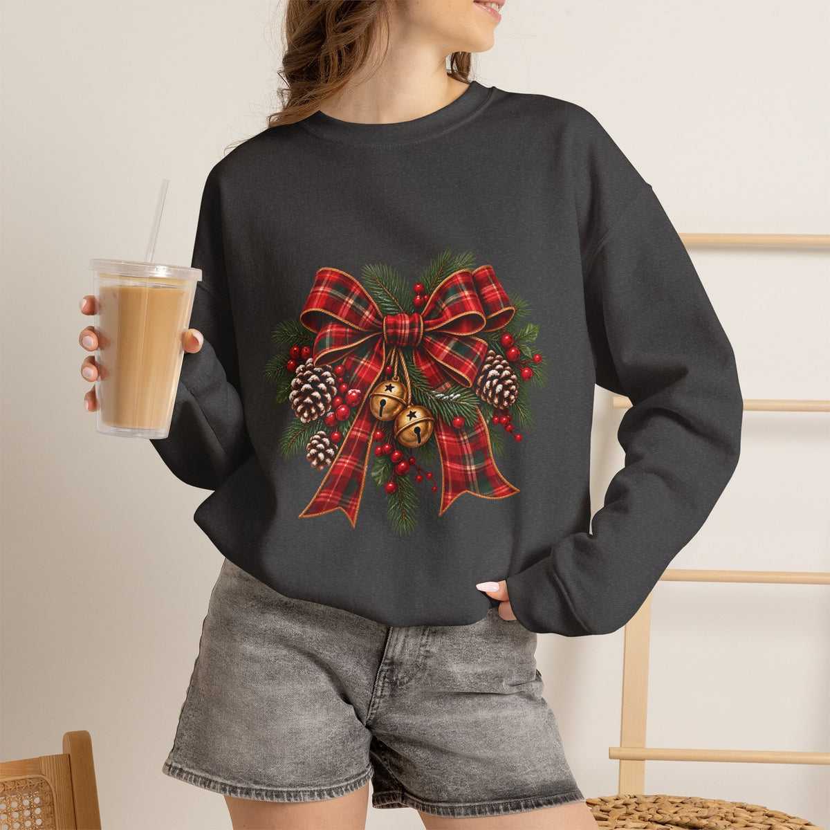 Christmas Plaid Bow Sweatshirt - Holiday Pinecone & Jingle Bells Crewneck