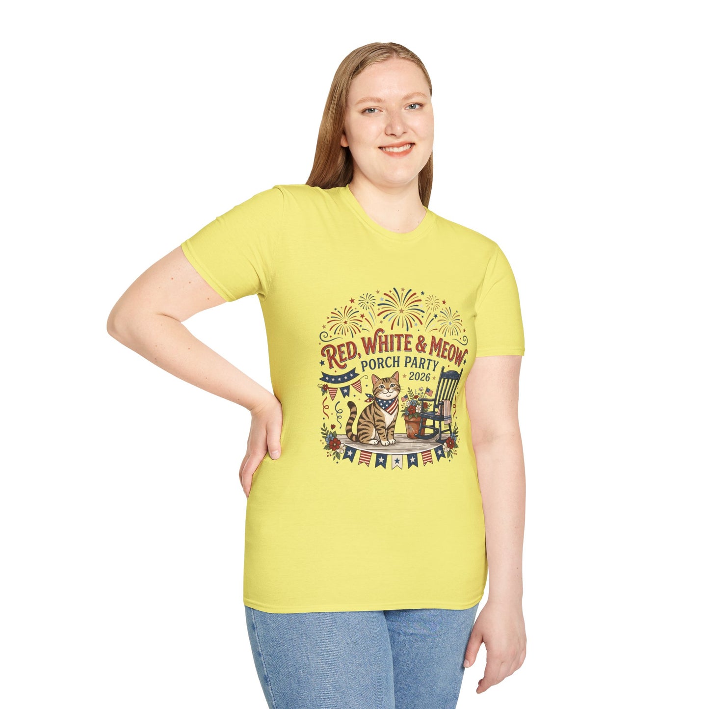 Red, White & Meow Porch Party T-Shirt — 2026 Patriotic Cat Tee, 4th of July Shirt, Independence Day Gift