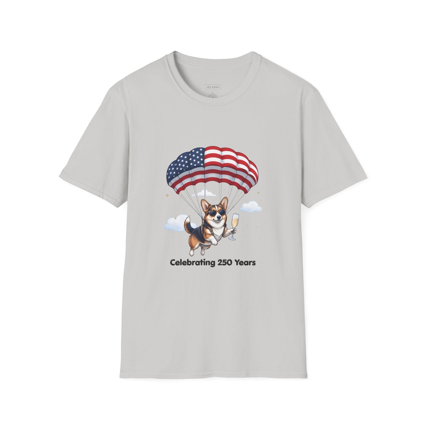 Corgi Parachute American Flag T-Shirt — "Celebrating 250 Years" Patriotic Tee