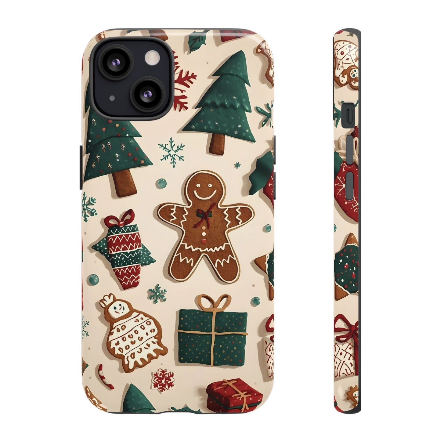 Christmas Phone Case with Gingerbread and Christmas Tree Design, Dual Layer Case for Iphone 17, 16, 15, 14, 13, 12, 11 & Samsung