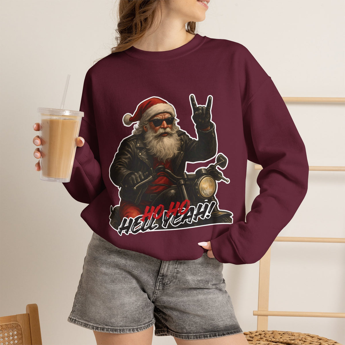 Santa Biker Crewneck Sweatshirt – 'Ho Ho Hell Yeah' Christmas Motorcycle Pullover