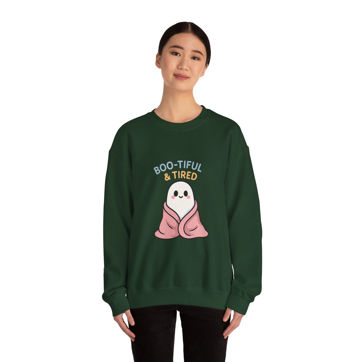 Boo-tiful & Tired Sweatshirt, Halloween-Themed Design