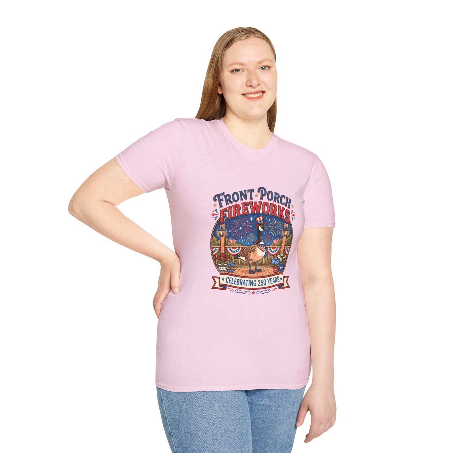 Front Porch Fireworks, Goose T-Shirt — Patriotic 4th of July Celebration Tee