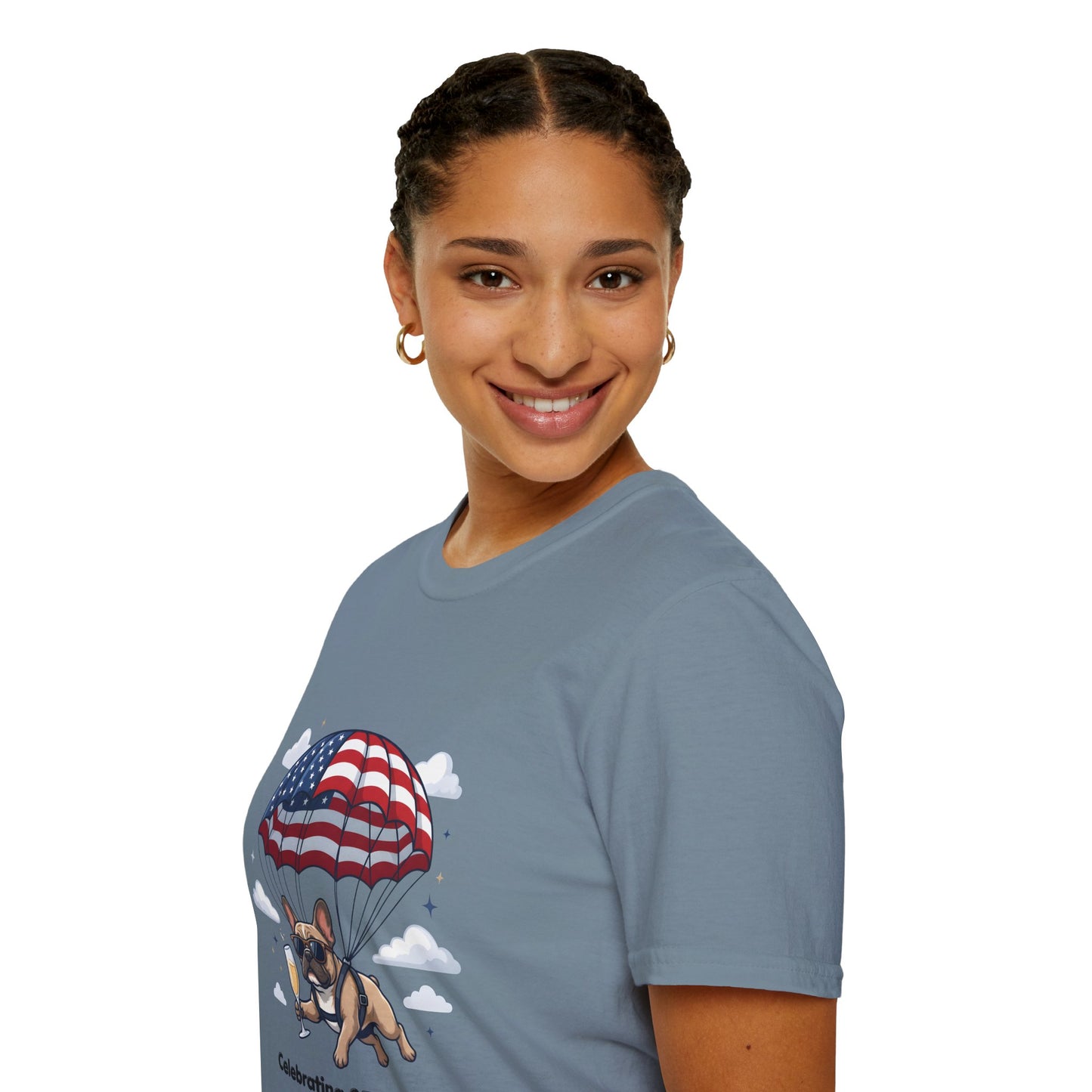 Patriotic French Bulldog T-Shirt — "Celebrating 250 Years" Parachute Design