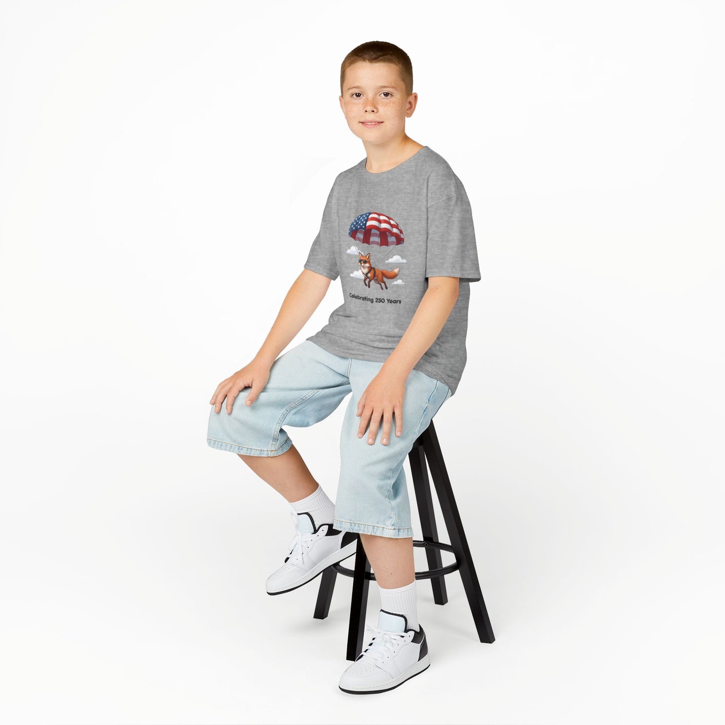 Kids Tee — Patriotic Fox with Parachute - “Celebrating 250 Years”