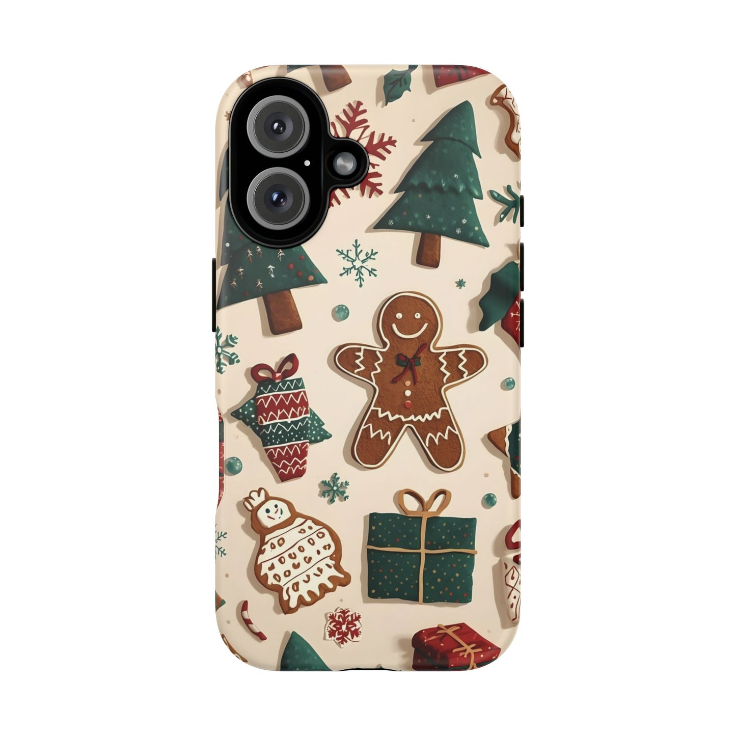 Christmas Phone Case with Gingerbread and Christmas Tree Design, Dual Layer Case for Iphone 17, 16, 15, 14, 13, 12, 11 & Samsung