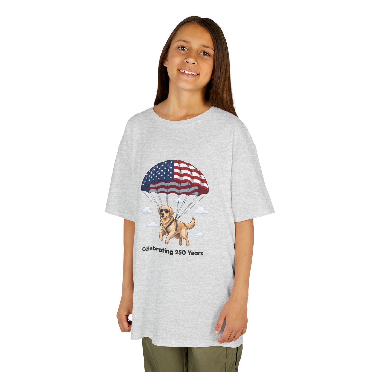 Kids Tee — Dog with Parachute, "Celebrating 250 Years" (Patriotic Fourth of July)