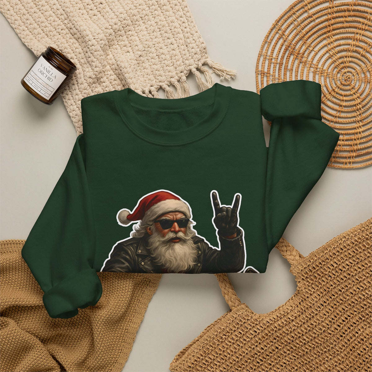 Santa Biker Crewneck Sweatshirt – 'Ho Ho Hell Yeah' Christmas Motorcycle Pullover