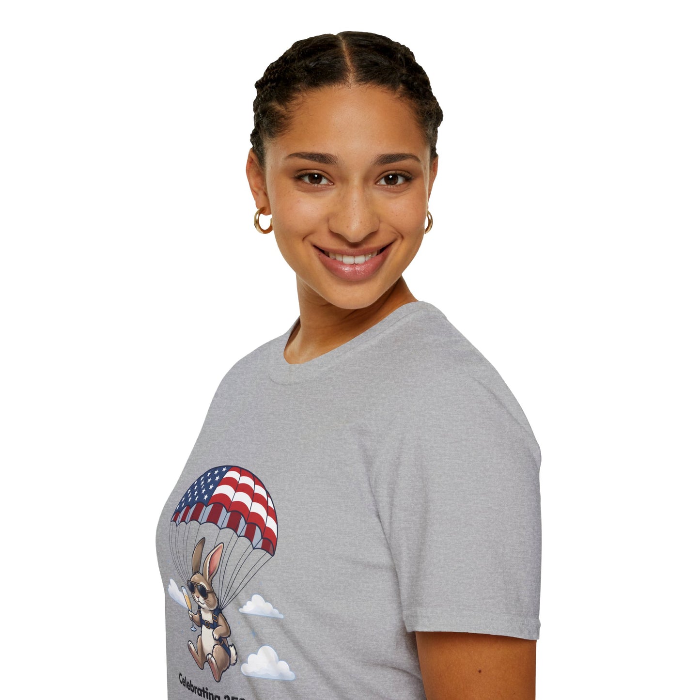 Patriotic Parachuting Bunny T-Shirt — "Celebrating 250 Years"