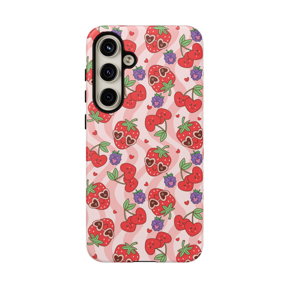 Cute Kawaii Strawberry & Cherry Phone Case — Pink Fruit Pattern Protective Case