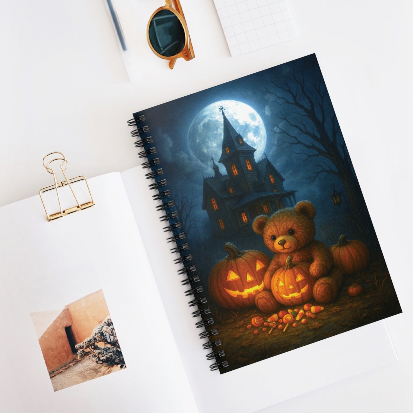 Halloween Themed Spiral Notebook - Cozy Teddy Bear & Pumpkins