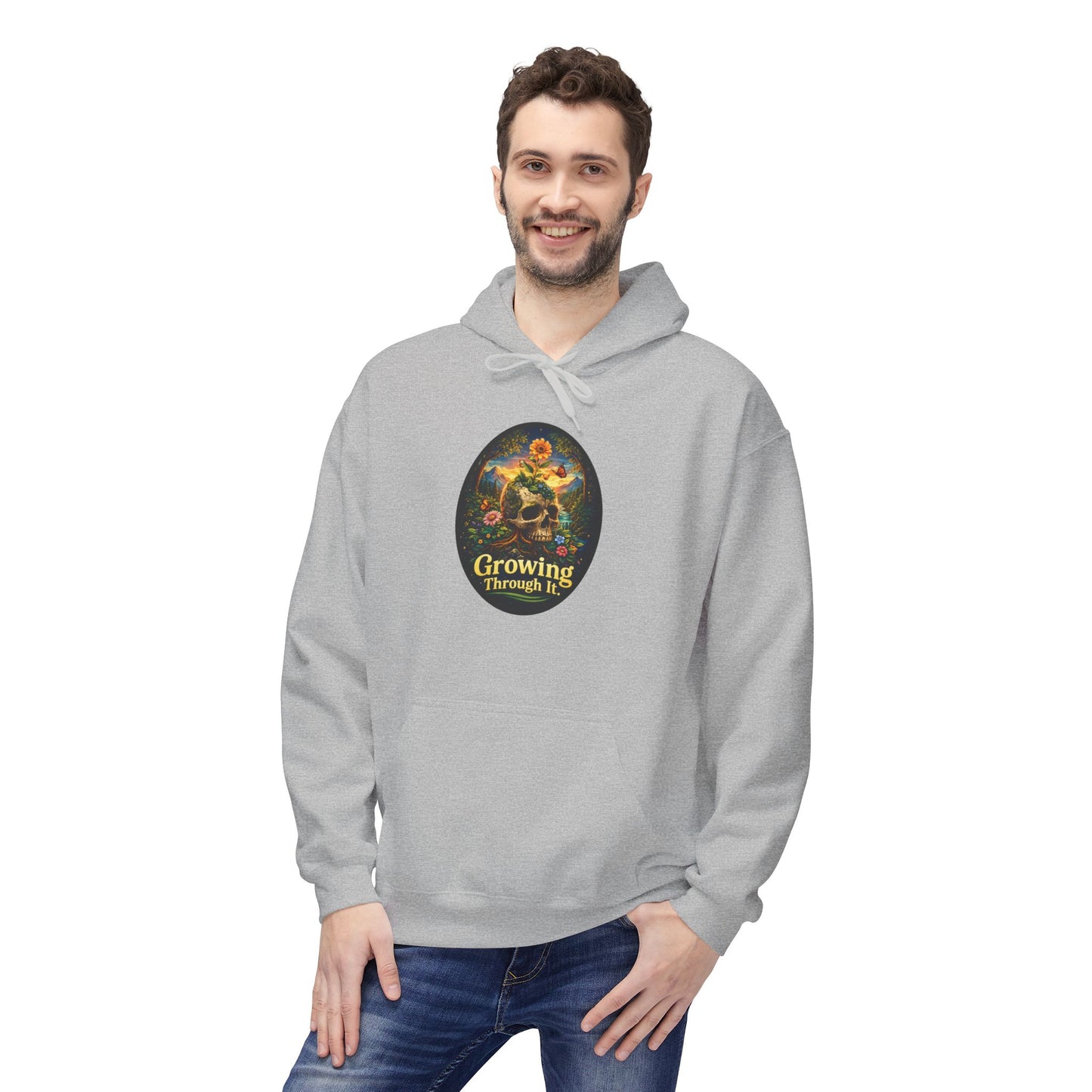 Growing Through It Hoodie – Earth Day Nature Skull Sweatshirt | Mental Growth & Healing Hoodie | Botanical Aesthetic Unisex Hoodie