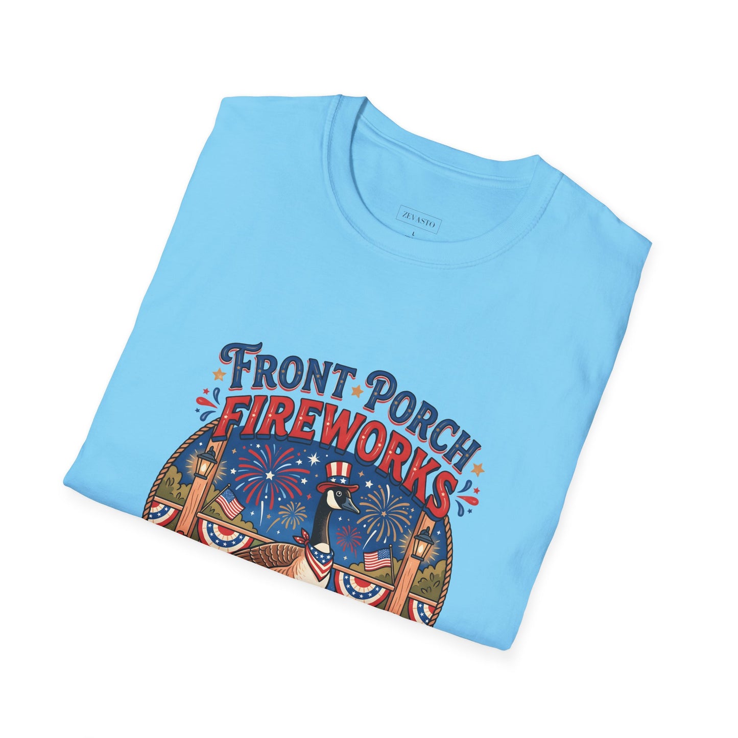 Front Porch Fireworks, Goose T-Shirt — Patriotic 4th of July Celebration Tee