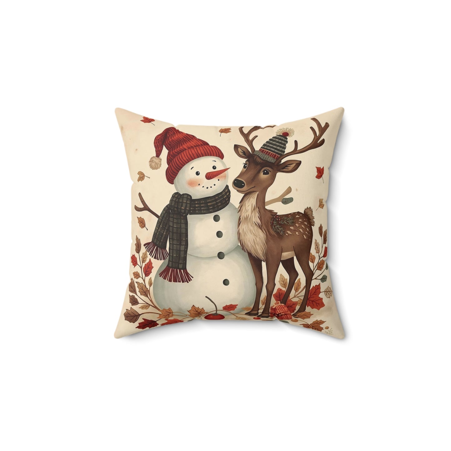 Festive Snowman & Reindeer Holiday Pillow — Cozy Christmas Decorative Throw Pillow