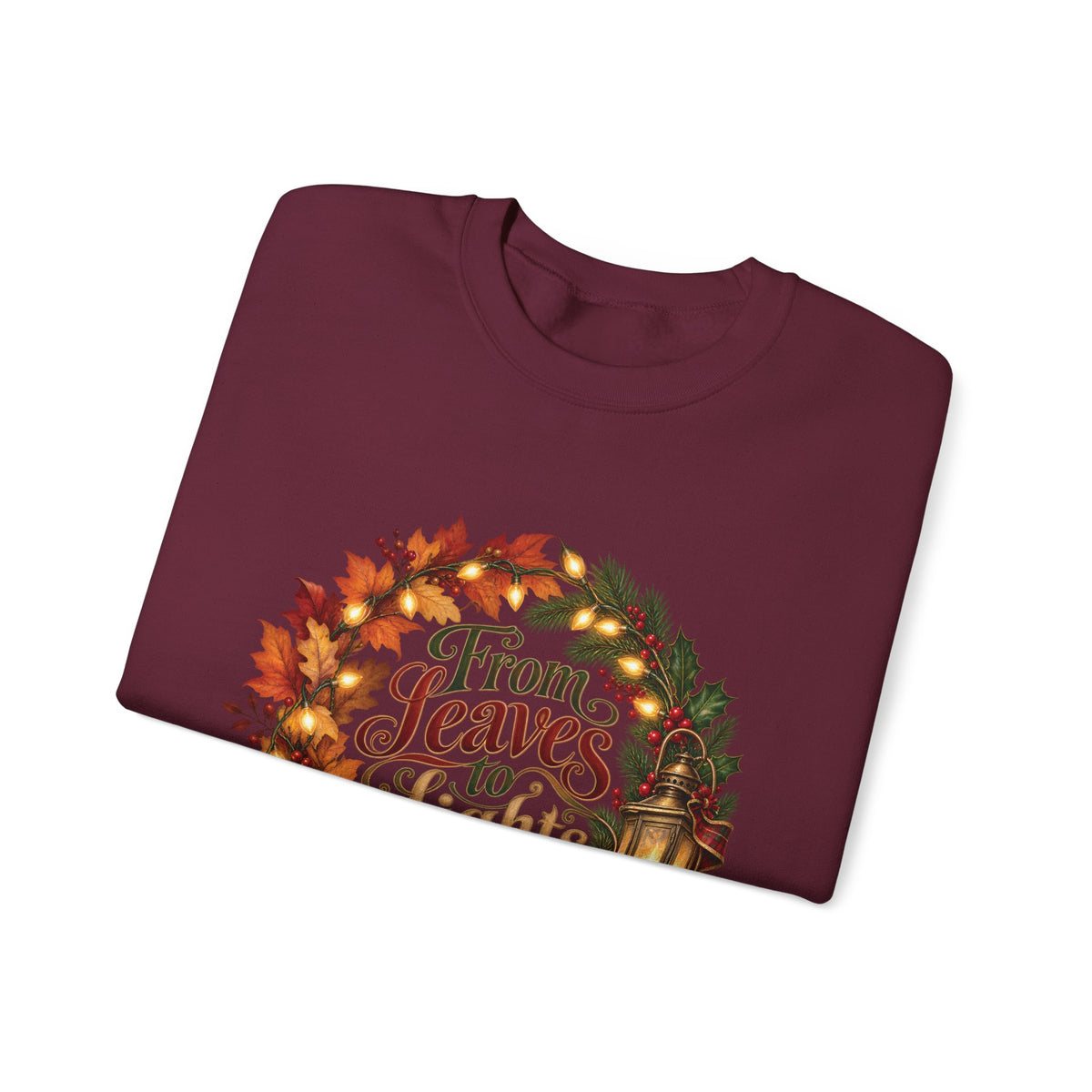 Christmas Crewneck Sweatshirt — "From Leaves to Lights" Autumn to Holiday Wreath Design