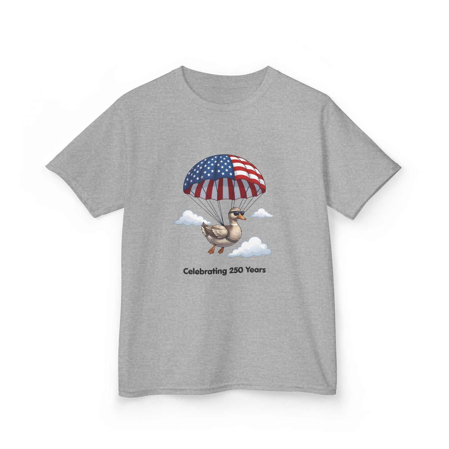 Kids Tee — Parachuting Duck, "Celebrating 250 Years"
