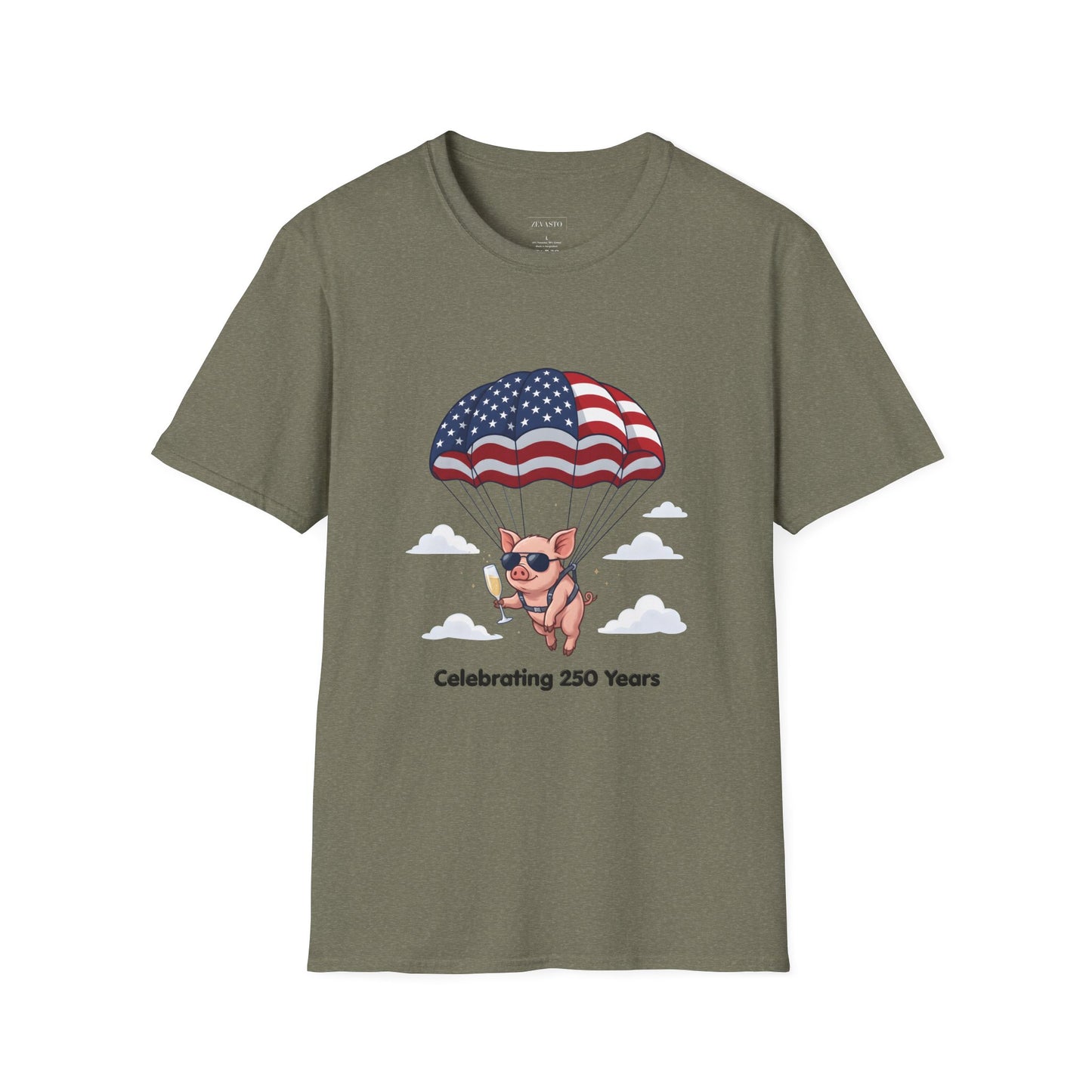 Patriotic Parachuting Piglet T-shirt - “Celebrating 250 Years”