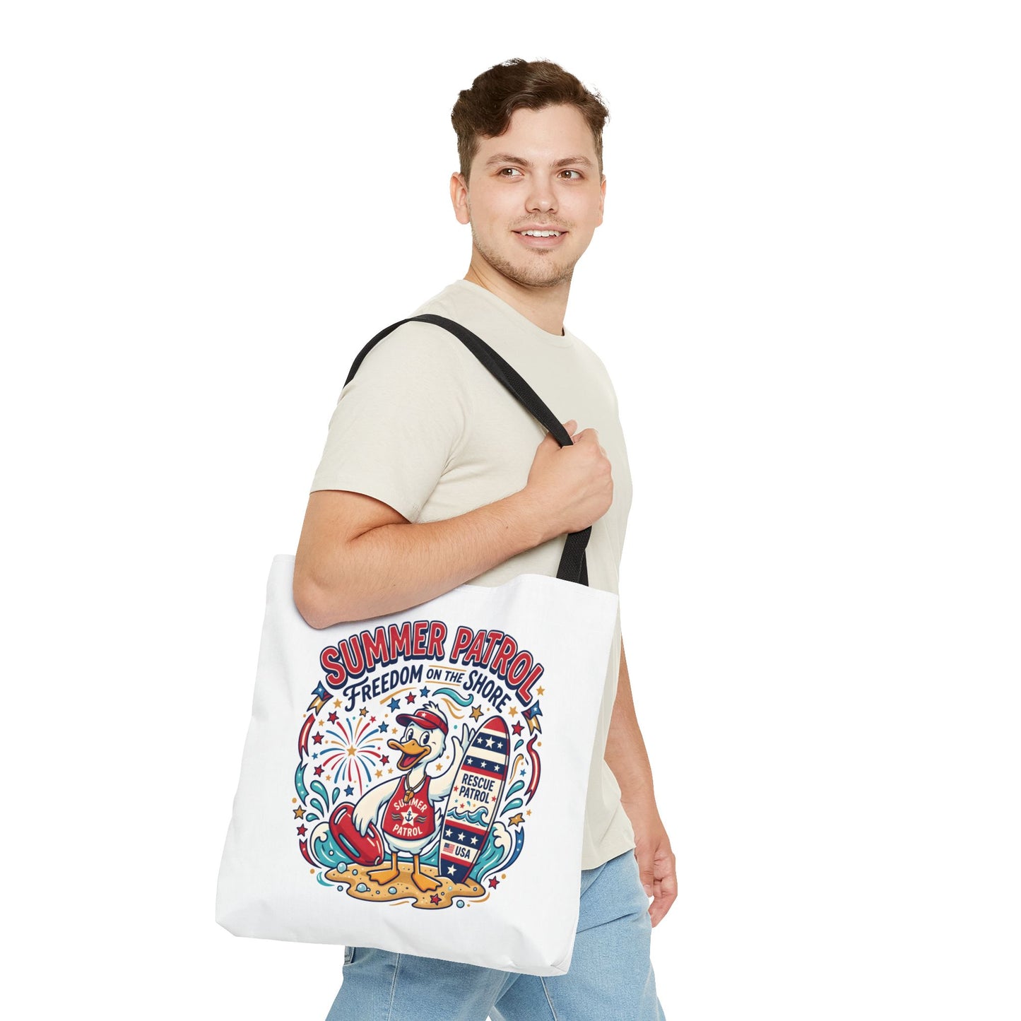 Summer Patrol Beach Tote Bag – 'Freedom on the Shore' Patriotic Design, 4th of July Gift