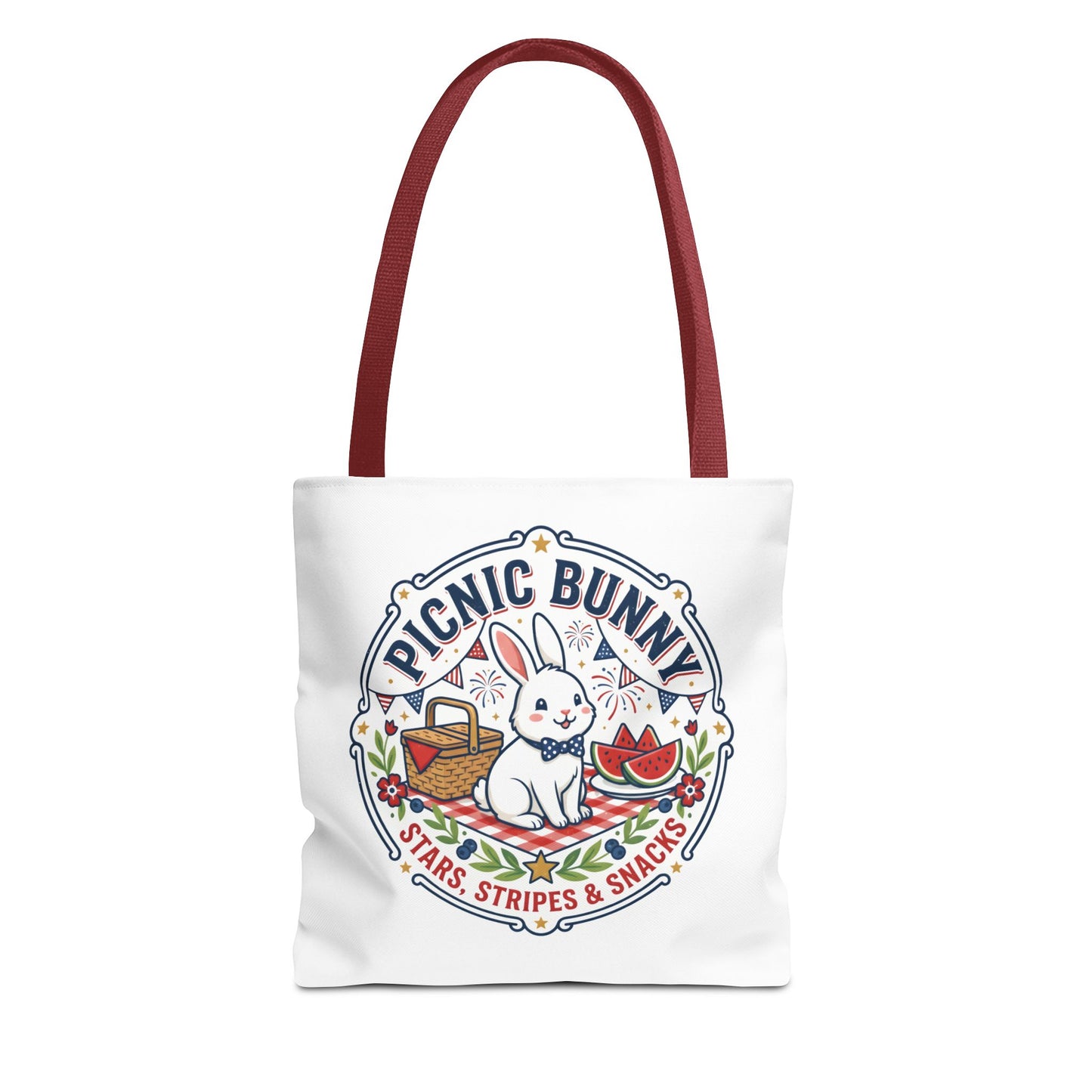Patriotic Picnic Bunny Tote Bag — ‘Stars, Stripes & Snacks’ Cute Rabbit Picnic Tote, 4th of July Tote