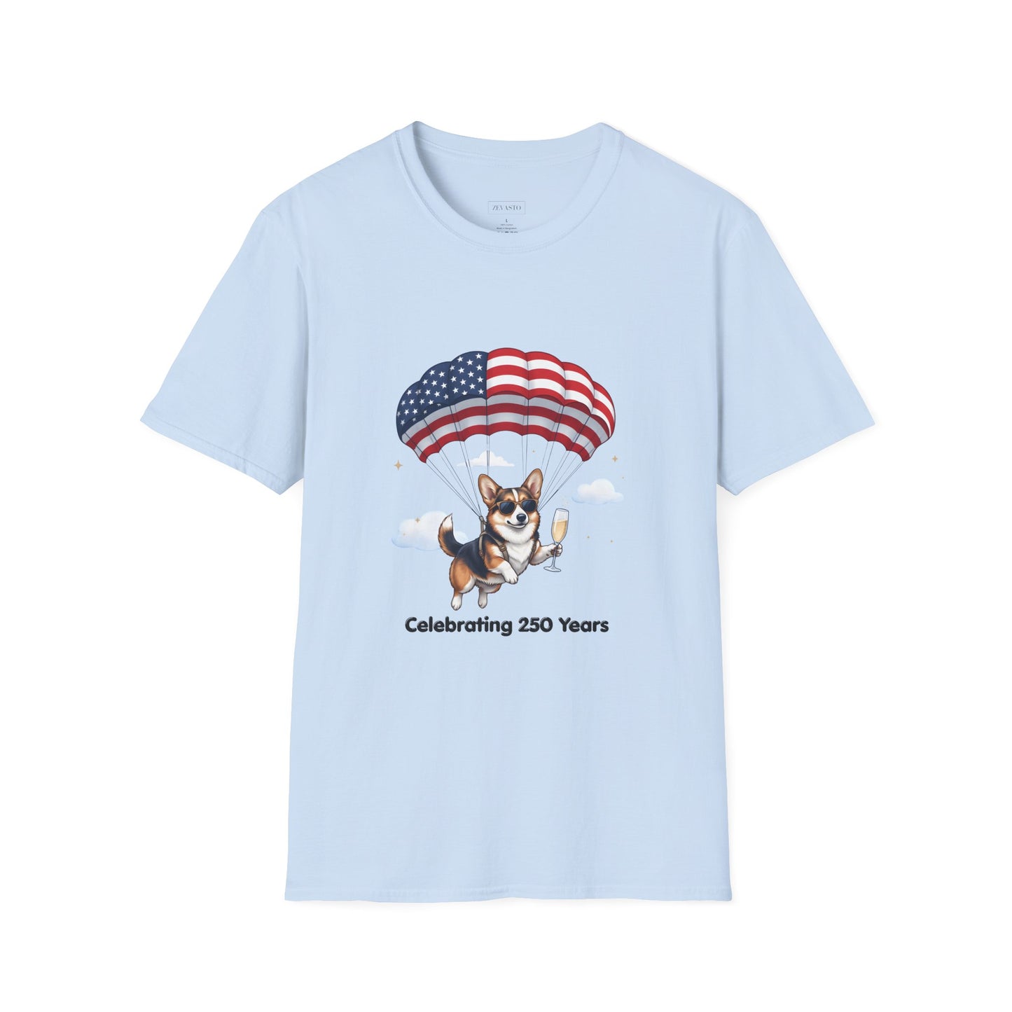 Corgi Parachute American Flag T-Shirt — "Celebrating 250 Years" Patriotic Tee