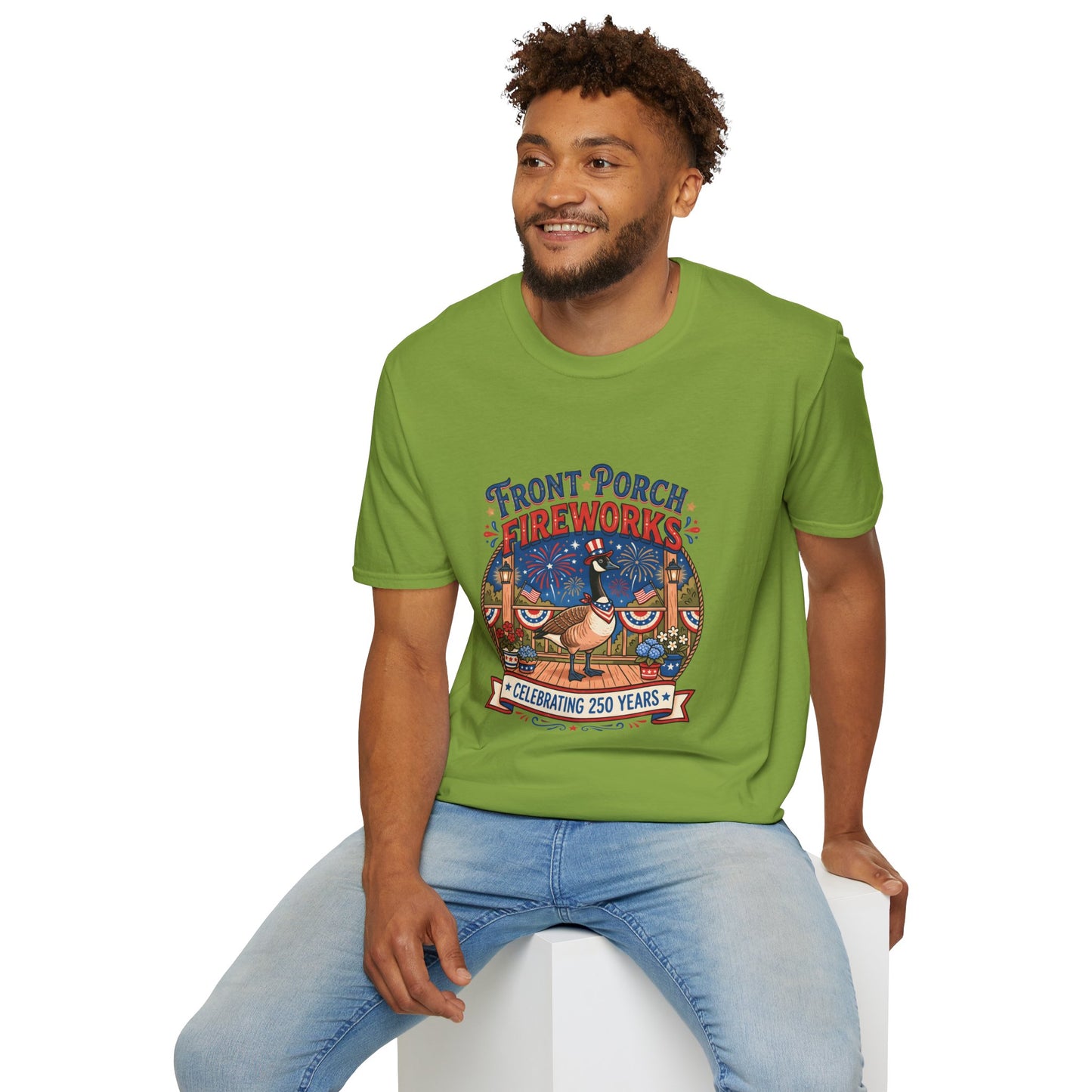 Front Porch Fireworks, Goose T-Shirt — Patriotic 4th of July Celebration Tee