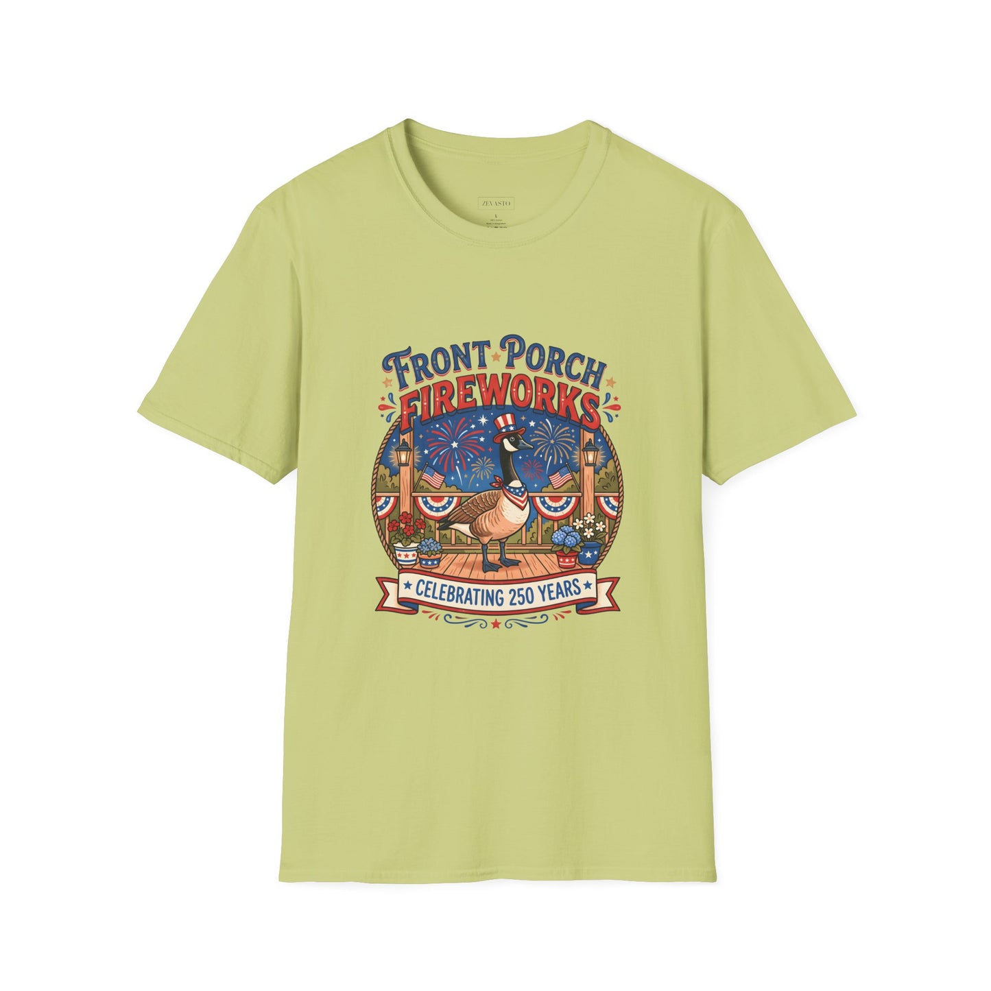Front Porch Fireworks, Goose T-Shirt — Patriotic 4th of July Celebration Tee