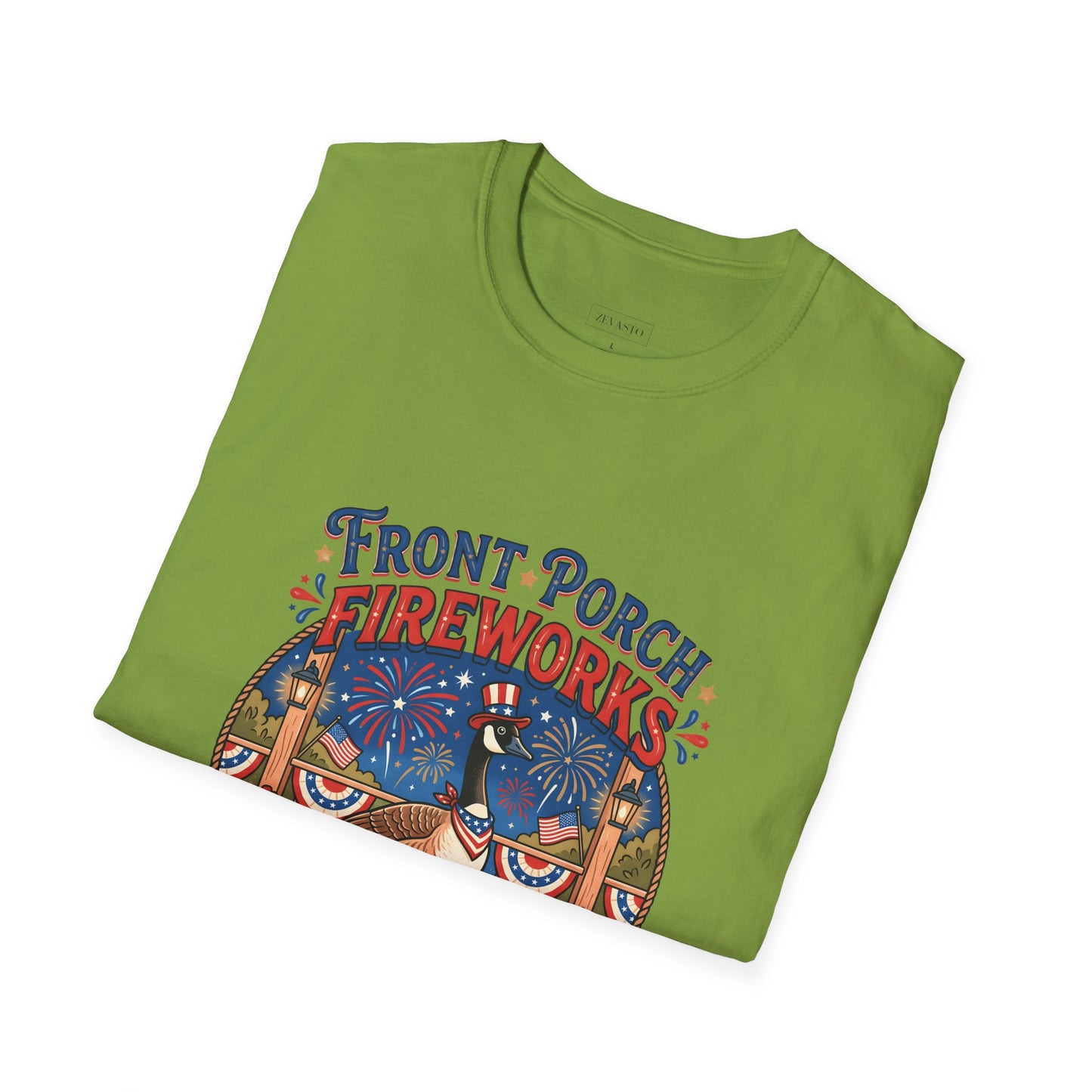 Front Porch Fireworks, Goose T-Shirt — Patriotic 4th of July Celebration Tee