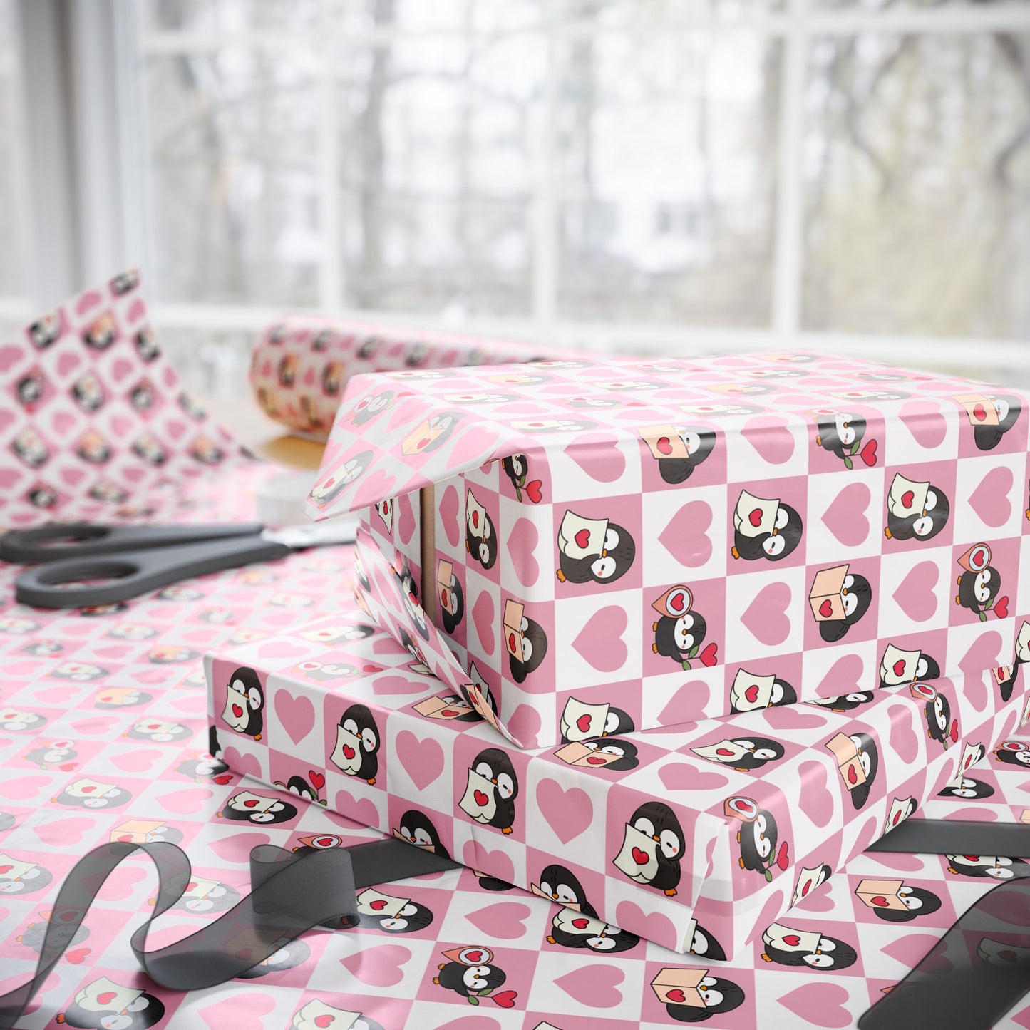 Penguin Hearts Wrapping Paper Roll — Pink Valentine Gift Wrap