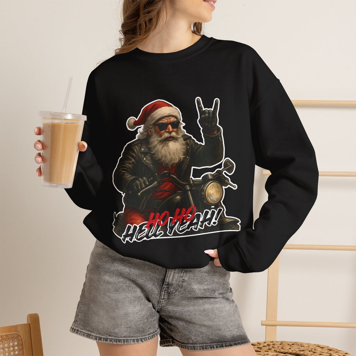 Santa Biker Crewneck Sweatshirt – 'Ho Ho Hell Yeah' Christmas Motorcycle Pullover