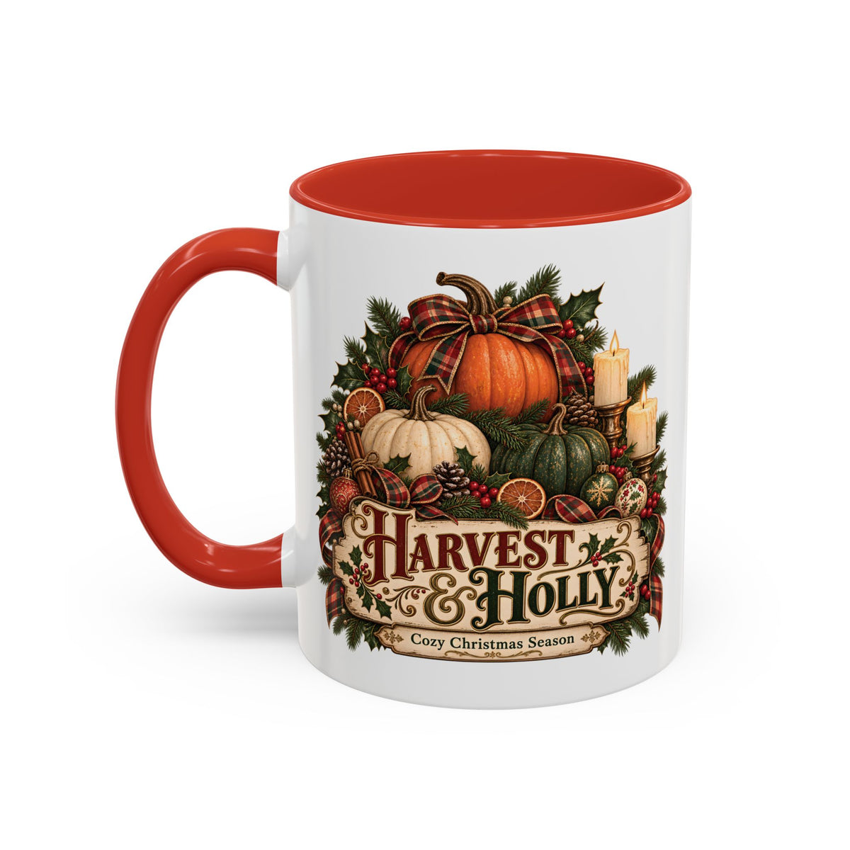 Harvest & Holly Accent Coffee Mug - Vintage Christmas Holiday Mug (11 oz)