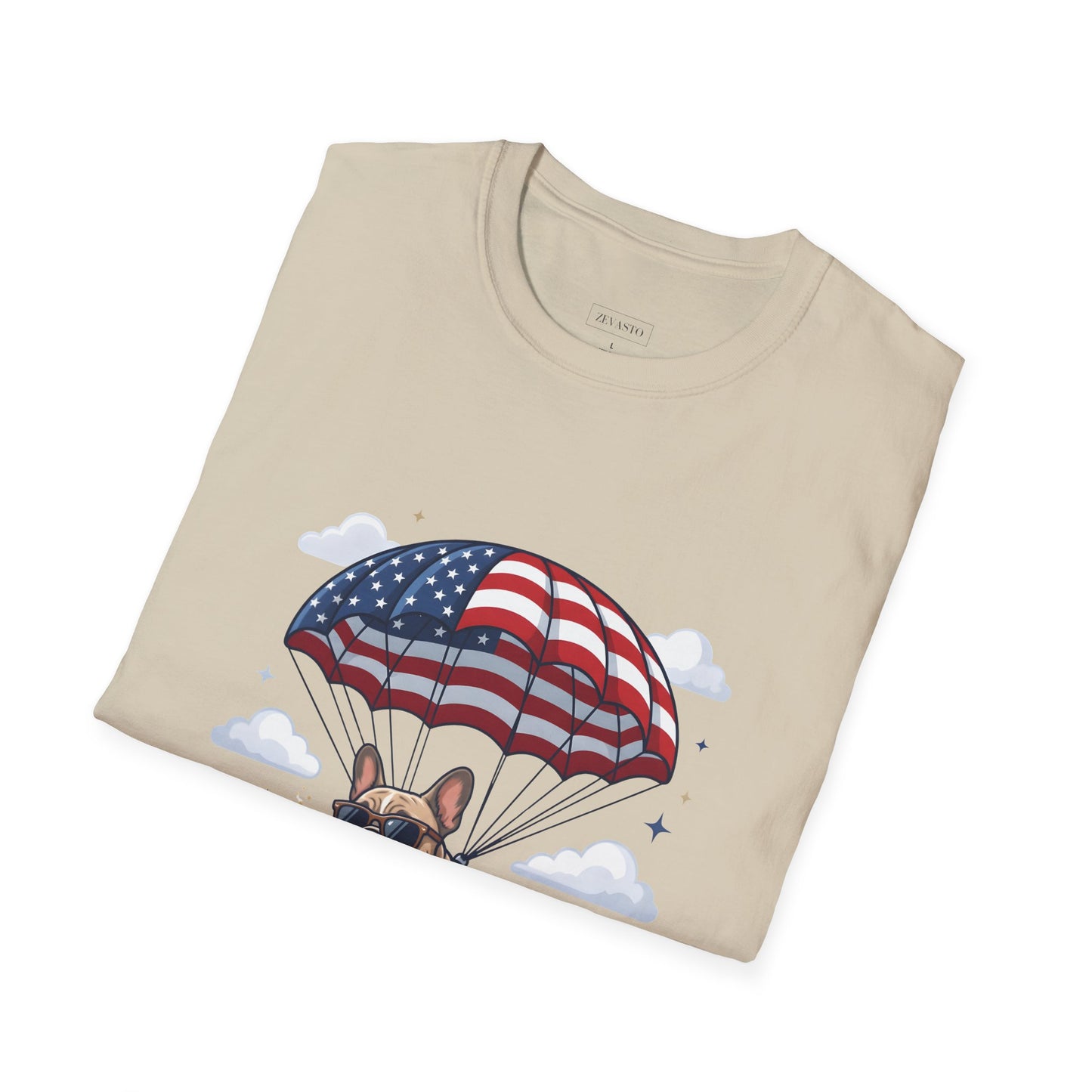 Patriotic French Bulldog T-Shirt — "Celebrating 250 Years" Parachute Design