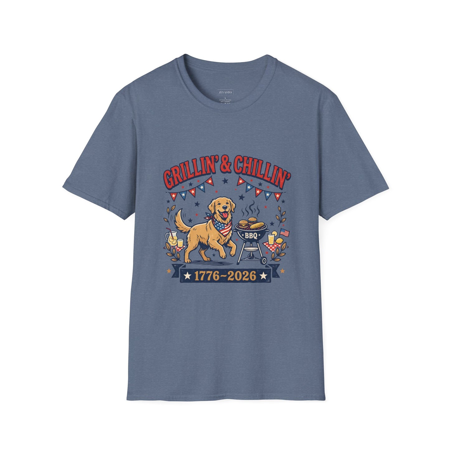 Grillin' & Chillin' BBQ Dog T-Shirt — 1776-2026 Patriotic Summer Tee, 4th of July Shirt, Independence Day Tee