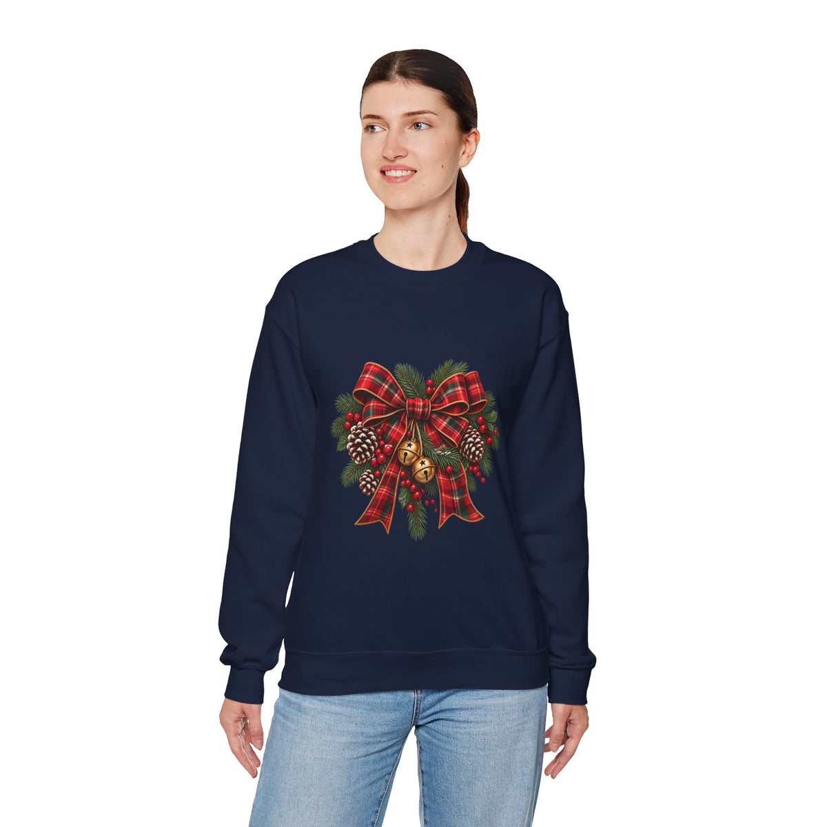 Christmas Plaid Bow Sweatshirt - Holiday Pinecone & Jingle Bells Crewneck