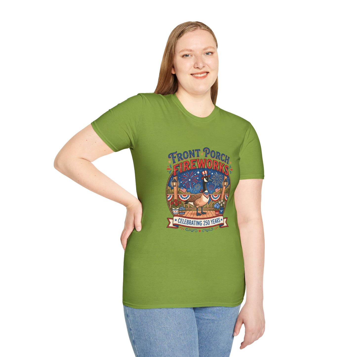 Front Porch Fireworks, Goose T-Shirt — Patriotic 4th of July Celebration Tee