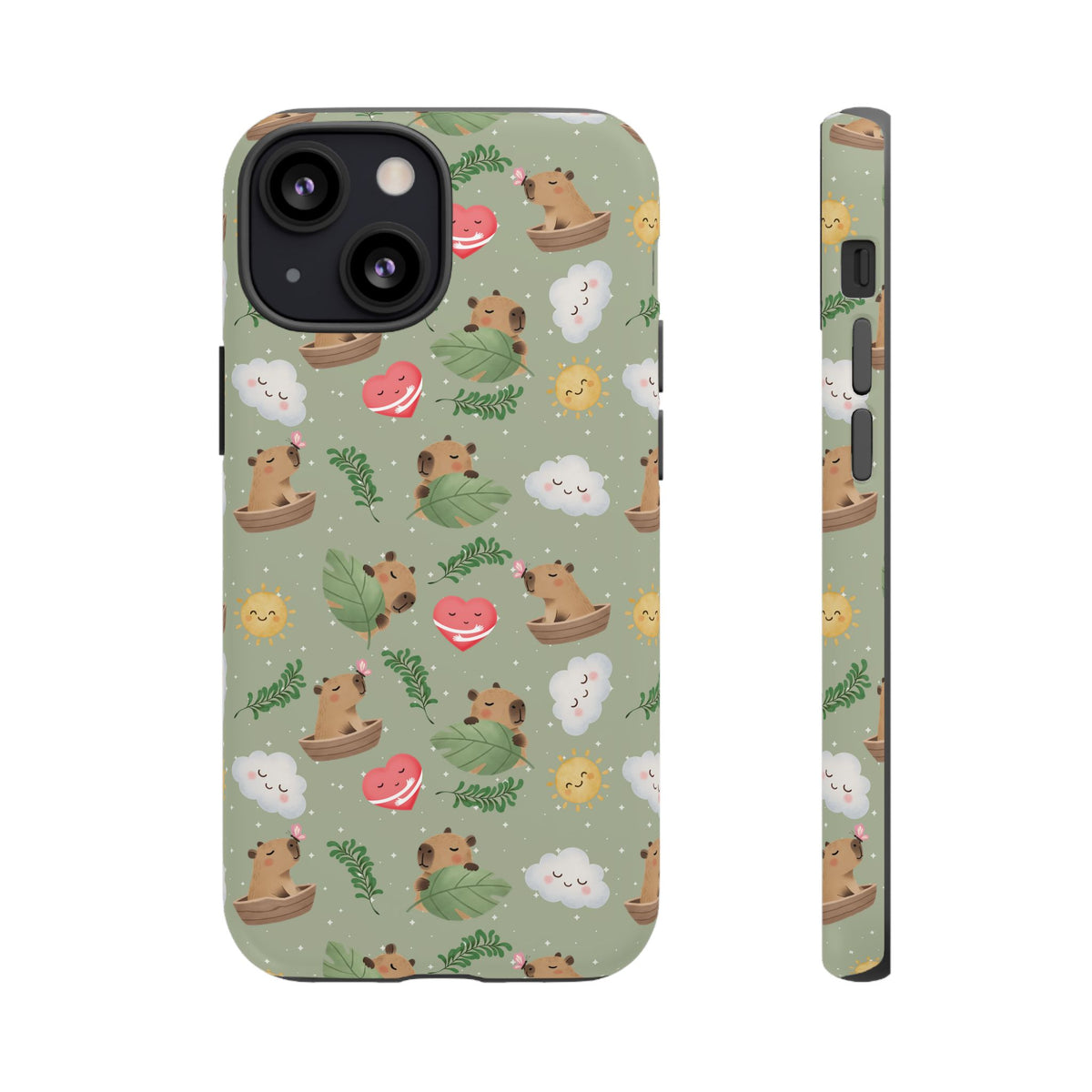 Cute Capybara Pattern Phone Case — Green Botanical Tough Case