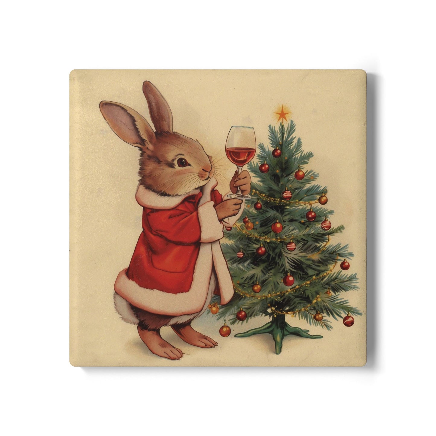 Vintage Christmas Ceramic Coaster — Holiday Tree & Bunny Illustration